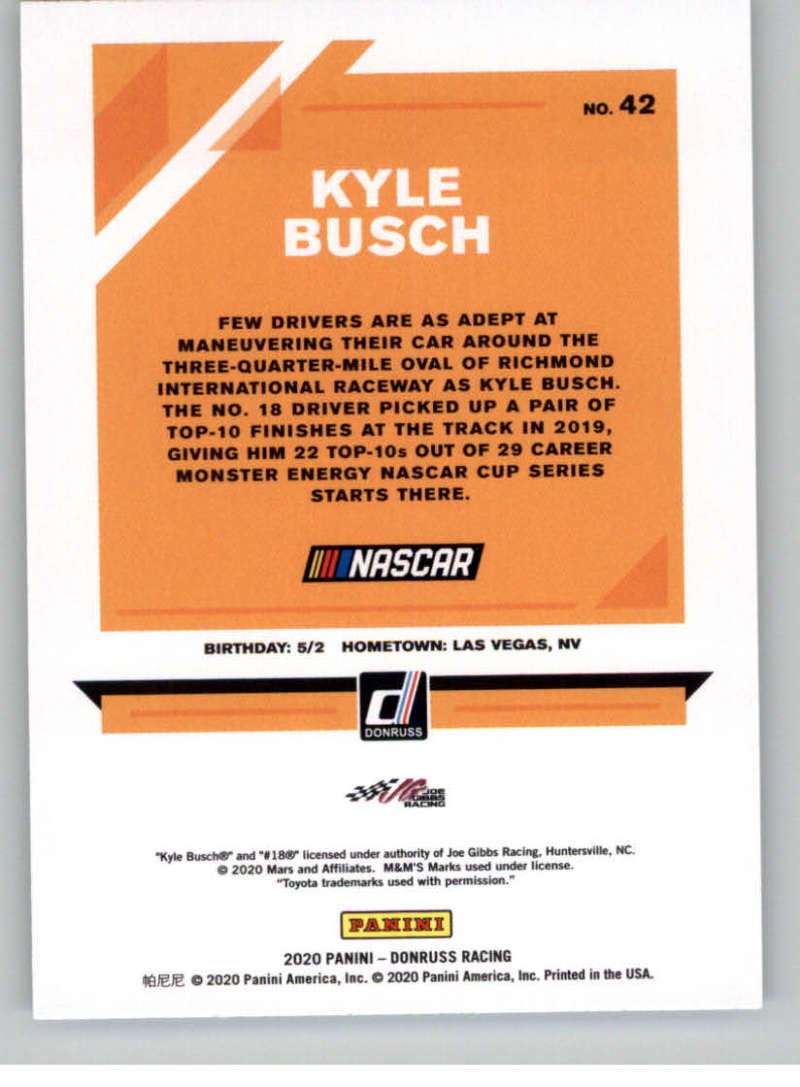 2020 Donruss Racing #42 Kyle Busch M&M's/Joe Gibbs Racing/Toyota Official NASCAR Trading Card