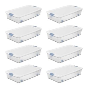 sterilite 56 qt wheeled latching storage box, stackable bin with latch lid, plastic container to organize shoes underbed, clear with white lid, 8-pack