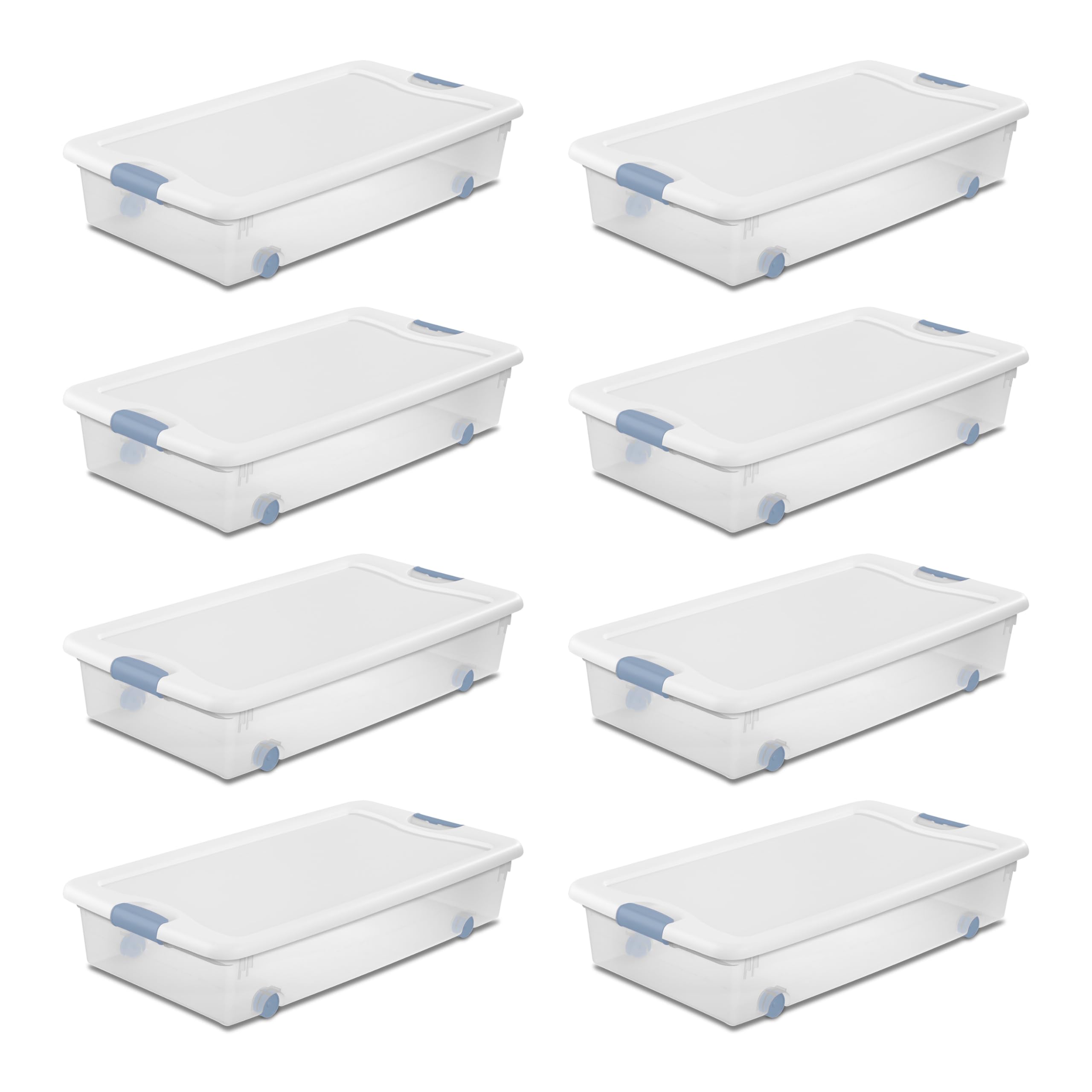 Sterilite 56 Qt Wheeled Latching Storage Box, Stackable Bin with Latch Lid, Plastic Container to Organize Shoes Underbed, Clear with White Lid, 8-Pack