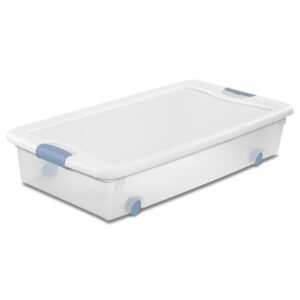 Sterilite 56 Qt Wheeled Latching Storage Box, Stackable Bin with Latch Lid, Plastic Container to Organize Shoes Underbed, Clear with White Lid, 8-Pack