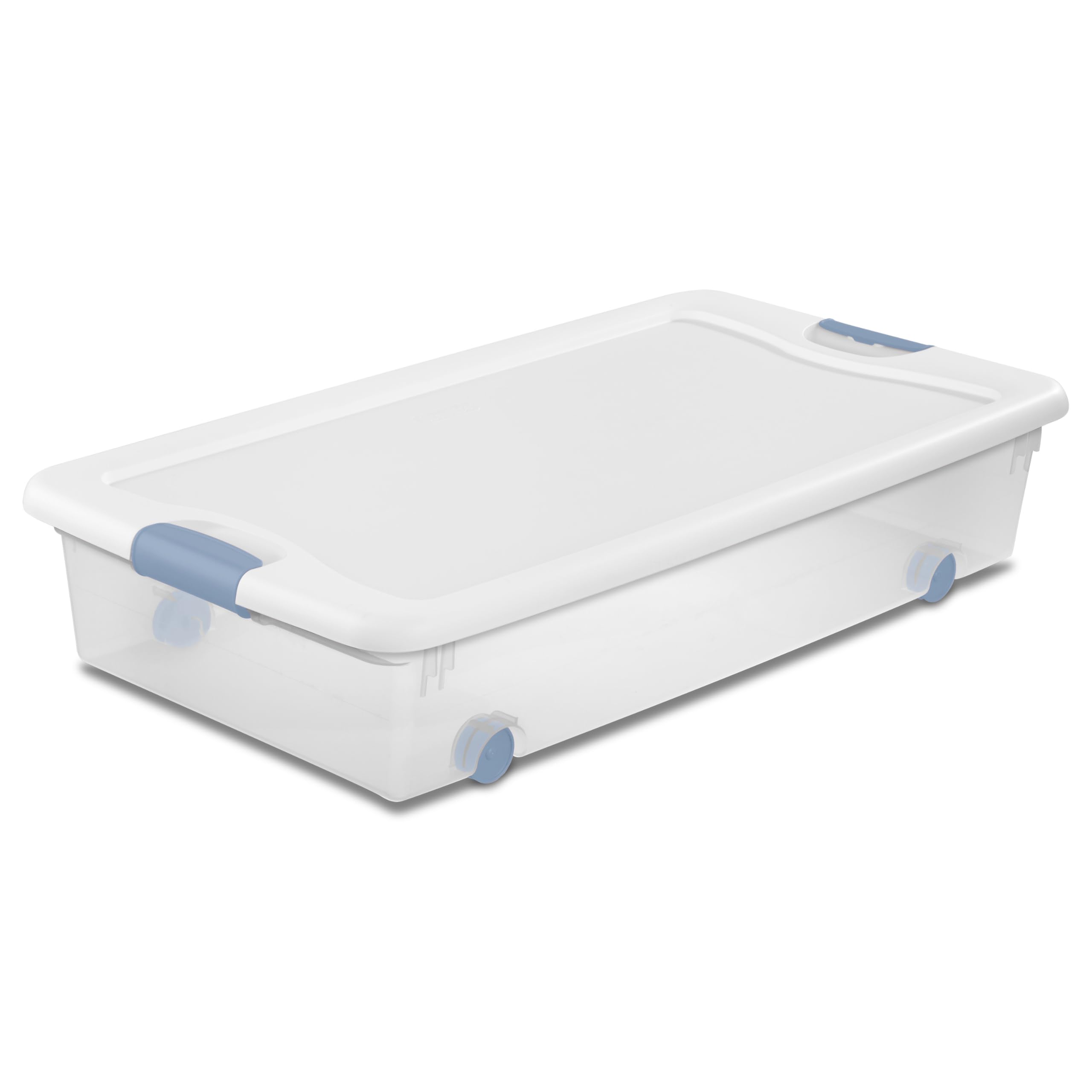 Sterilite 56 Qt Wheeled Latching Storage Box, Stackable Bin with Latch Lid, Plastic Container to Organize Shoes Underbed, Clear with White Lid, 8-Pack