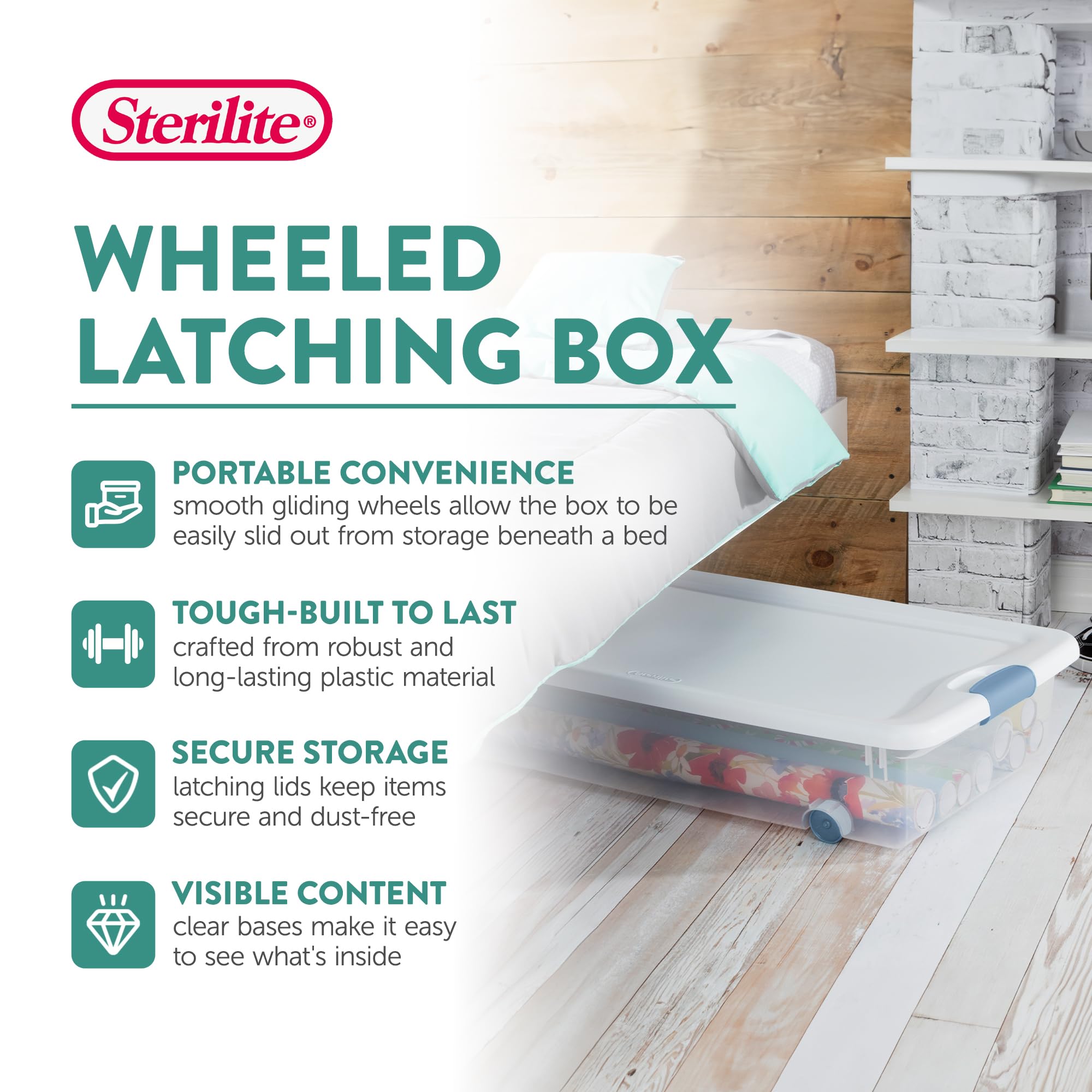 Sterilite 56 Qt Wheeled Latching Storage Box, Stackable Bin with Latch Lid, Plastic Container to Organize Shoes Underbed, Clear with White Lid, 8-Pack