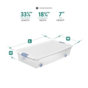 Sterilite 56 Qt Wheeled Latching Storage Box, Stackable Bin with Latch Lid, Plastic Container to Organize Shoes Underbed, Clear with White Lid, 8-Pack