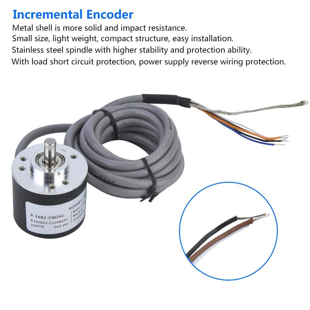 5-26V DC Incremental Rotary Encoder, E6B2-CWZ6C 38mm Diameter NPN Open-collector Output ABZ 3 Phase General-purpose Rotary Encoder with 2m Wiring Wire(300P/R)