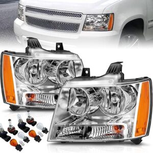 AmeriLite for Chevy 07-13 Tahoe/Suburban/Avalanche Factory Style Chrome Halogen Replacement Headlights Pair - Driver and Passenger Side