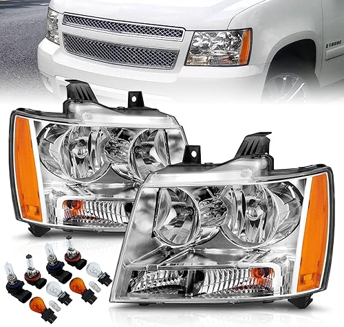 AmeriLite for Chevy 07-13 Tahoe/Suburban/Avalanche Factory Style Chrome Halogen Replacement Headlights Pair - Driver and Passenger Side