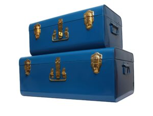 zanzer trunk set - vintage style storage w/gold finish handles & locks - space saving organizer home dorm & office use (blue, 2 trunks)