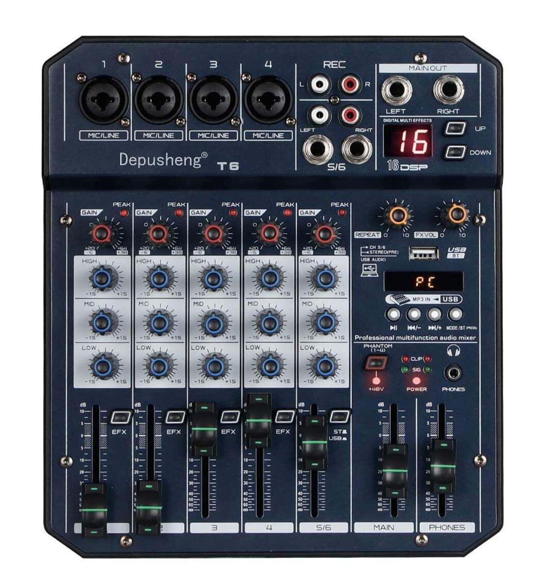 Depusheng T6 Audio Mixer 6-CHANNEL DJ Sound Controller Interface with USB Soundcard for PC Recording, XLR Microphone Jack PLUS HEADPHONE JACK, 5V USB Power CONNECT,FX 16Bit DSP Processor