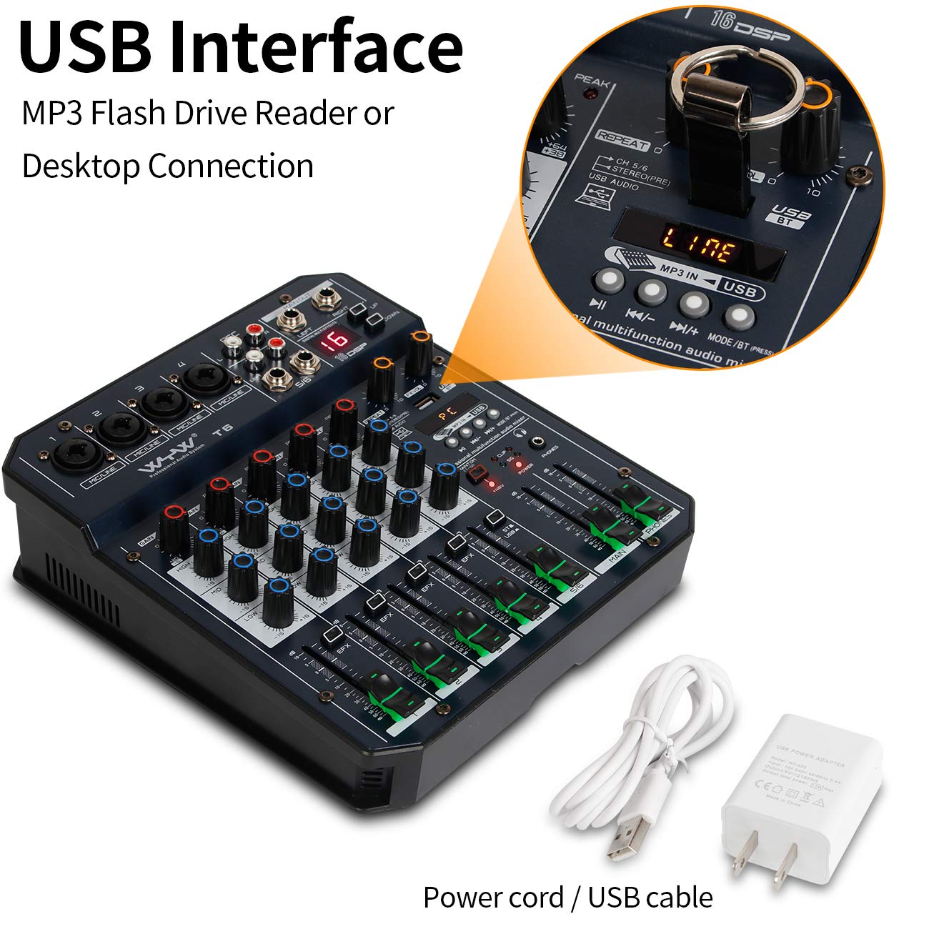 Depusheng T6 Audio Mixer 6-CHANNEL DJ Sound Controller Interface with USB Soundcard for PC Recording, XLR Microphone Jack PLUS HEADPHONE JACK, 5V USB Power CONNECT,FX 16Bit DSP Processor