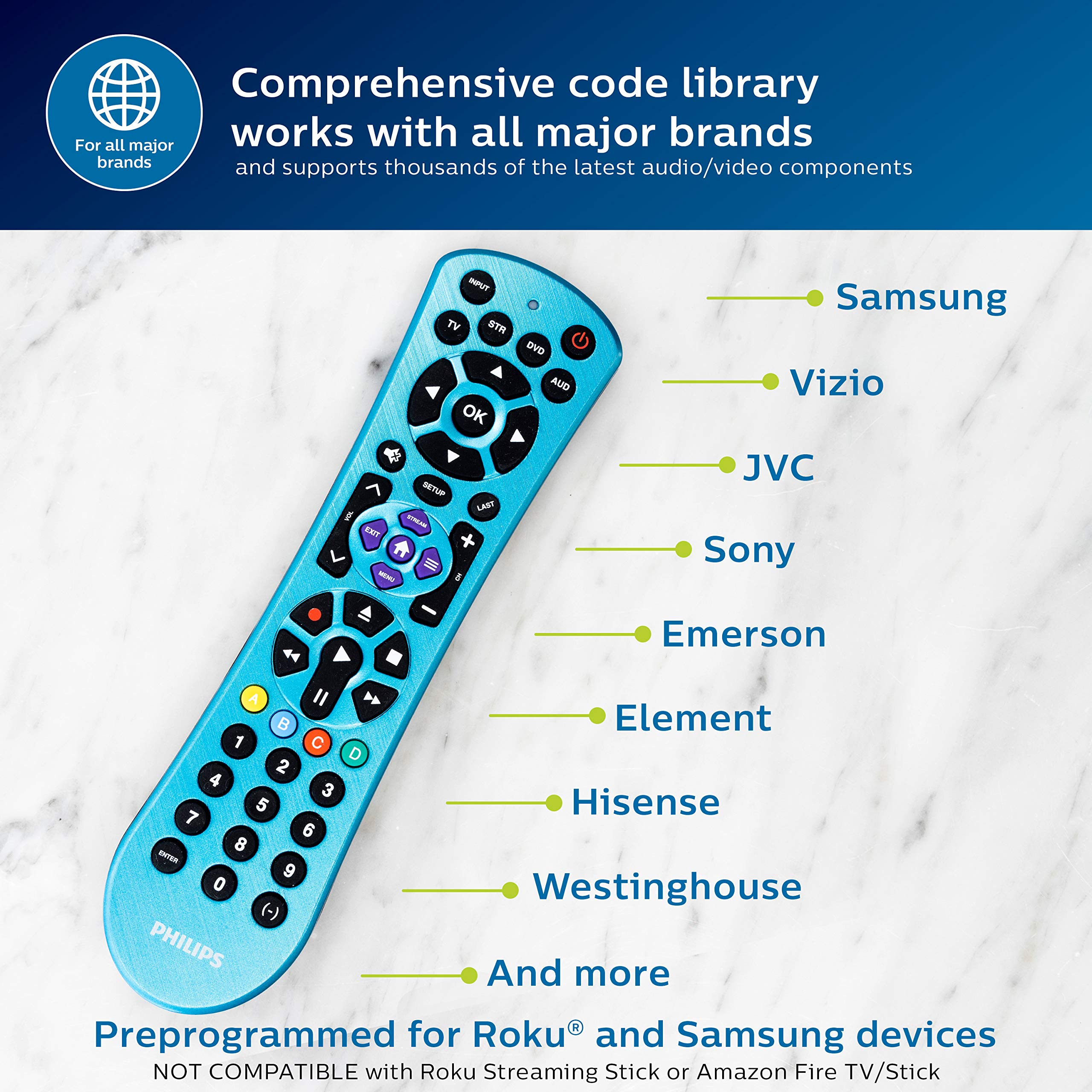 Philips Universal Remote Control, Universal TV Remote Replacement, Samsung TV Remote Control Universal, for Roku Remote Replacement, Vizio, LG, Sony, Apple TV, Smart TVs, 4 Device, Blue, SRP4229B/27