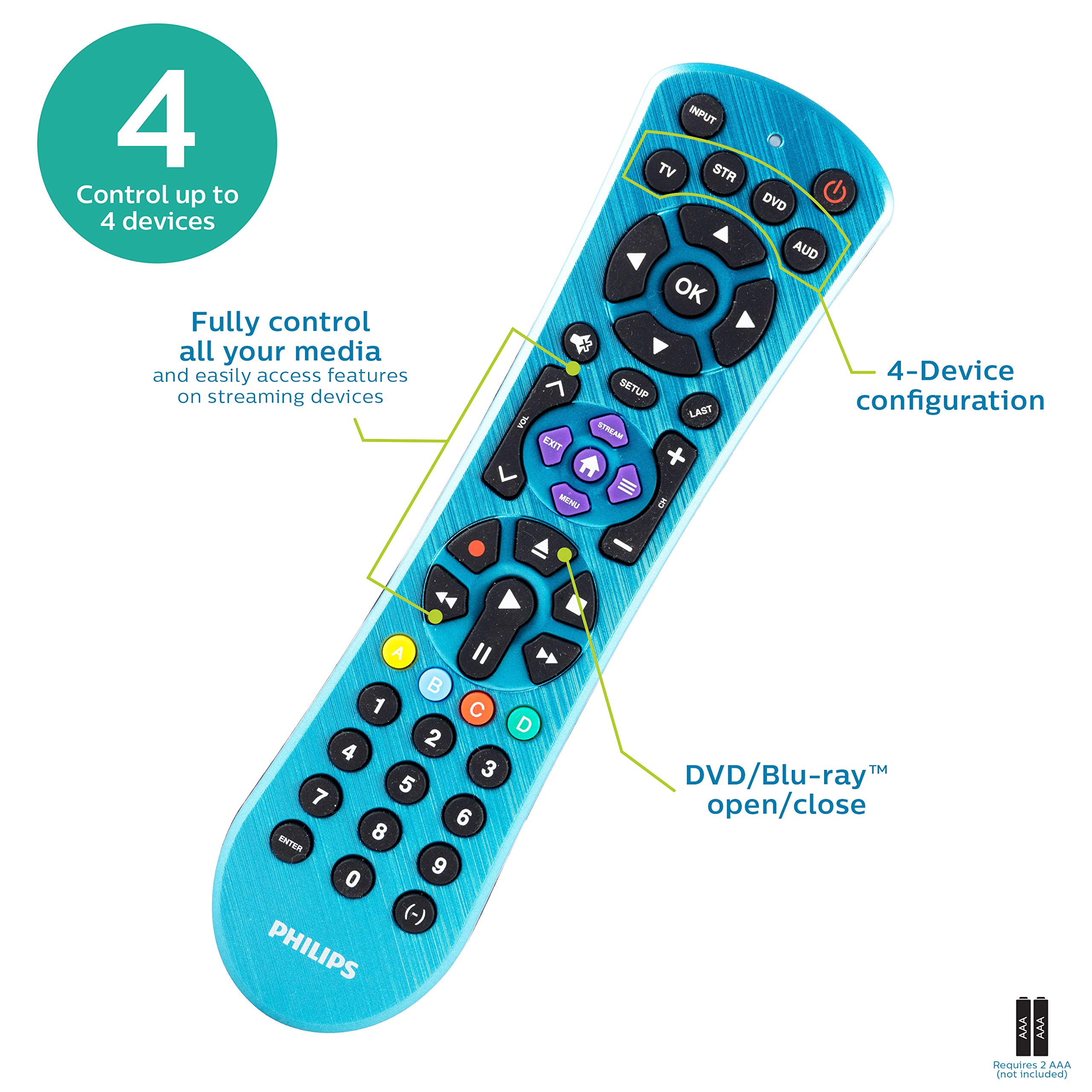 Philips Universal Remote Control, Universal TV Remote Replacement, Samsung TV Remote Control Universal, for Roku Remote Replacement, Vizio, LG, Sony, Apple TV, Smart TVs, 4 Device, Blue, SRP4229B/27