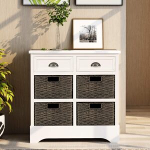 Harper & Bright Designs Storage Cabinet, Rustic Storage Cabinet with 2 Drawers and 4 Classic Fabric Basket, Sideboard for Entryway/Kitchen/Dining Room/Living Room, White