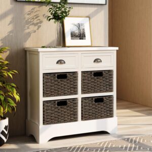 Harper & Bright Designs Storage Cabinet, Rustic Storage Cabinet with 2 Drawers and 4 Classic Fabric Basket, Sideboard for Entryway/Kitchen/Dining Room/Living Room, White