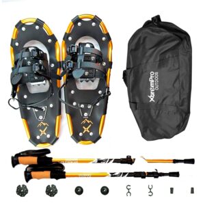 xtrempro all terrain snowshoes with trekking poles,lightweight aluminum snowshoes and trekking poles for women/men/kids,adjustable ratchet bindings and carrying tote bag(gold, 30)