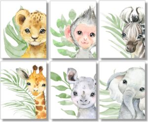 baby safari animals wall art prints - nursery decor - set of 6-8x10 - jungle animal pictures - unframed - watercolor