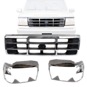 new front grille chrome shell & primed insert + head light trim door right passenger & left driver side for 1992-1996 bronco / 1992-1997 ford f-150 f-250 f-350 direct replacement f4tz8200a f2tz13064c