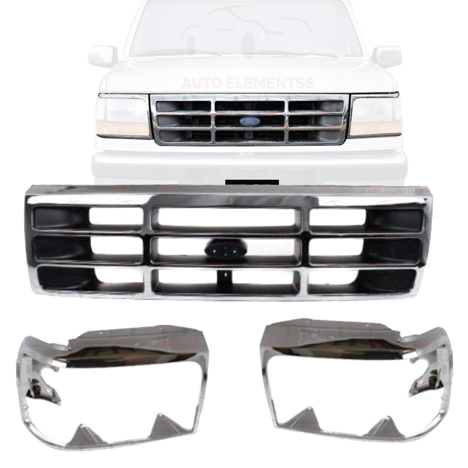 New Front Grille Chrome Shell & Primed Insert + Head Light Trim Door Right Passenger & Left Driver Side For 1992-1996 Bronco / 1992-1997 Ford F-150 F-250 F-350 Direct Replacement F4TZ8200A F2TZ13064C