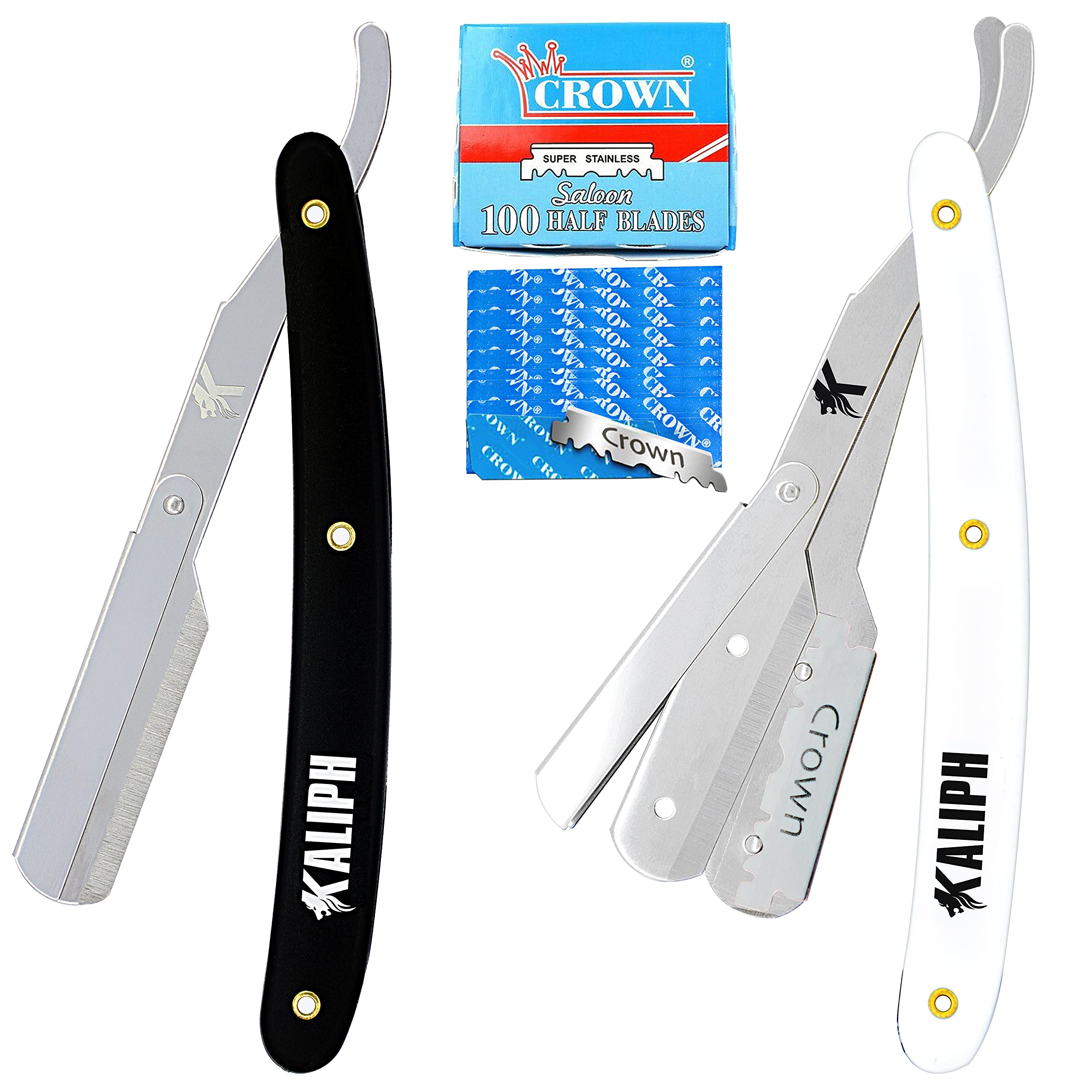 Kaliph Professional Barber Straight Razor For Men - Premium Pack of 2Pcs Straight Edge Razor With 100 Shaving Blades - Salon Quality Men's Manual Cut Throat Razor For Smooth Close Shaving -Black/White