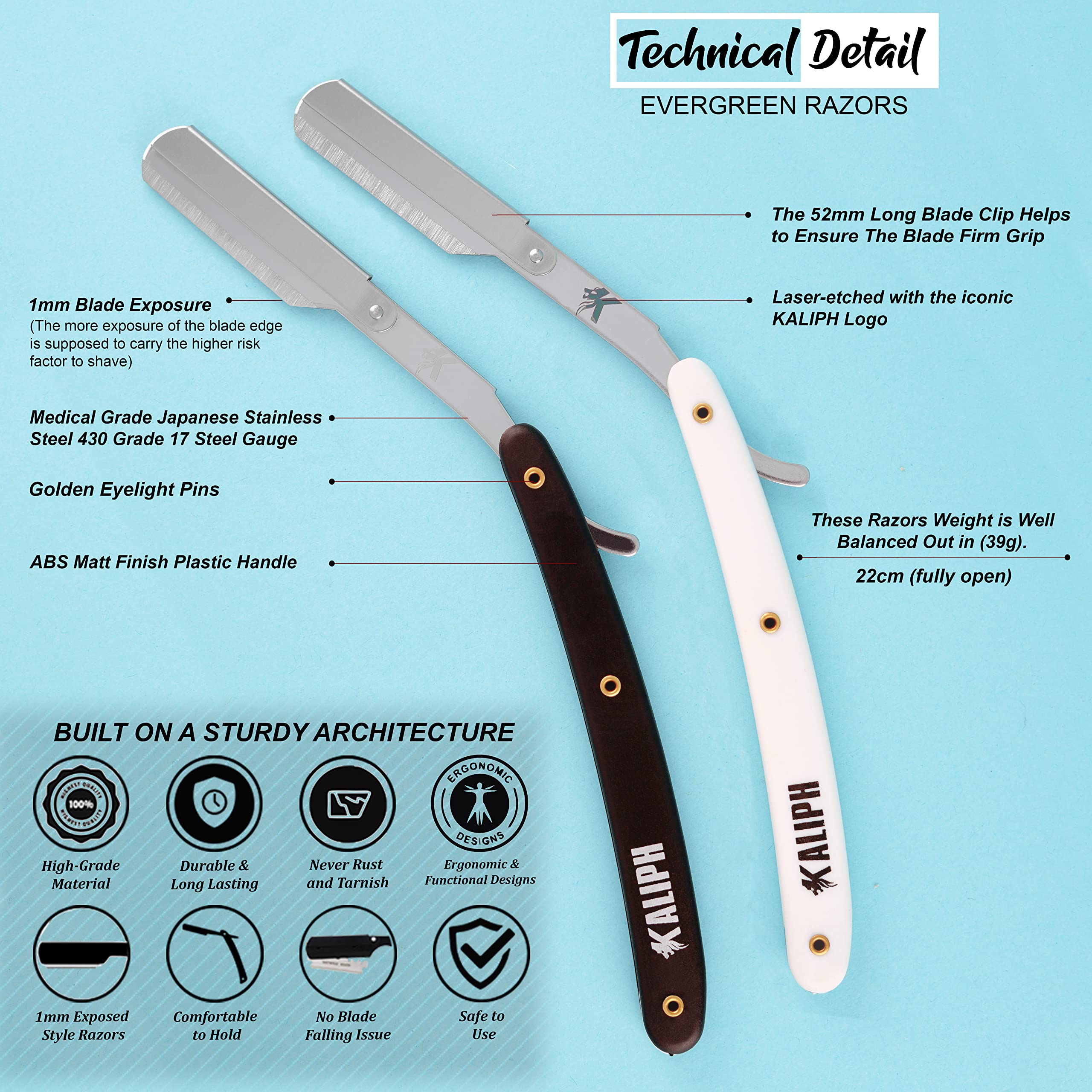 Kaliph Professional Barber Straight Razor For Men - Premium Pack of 2Pcs Straight Edge Razor With 100 Shaving Blades - Salon Quality Men's Manual Cut Throat Razor For Smooth Close Shaving -Black/White