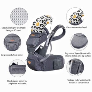 JooBebe Baby Hip Seat Carrier - 6 in 1 Front Back Breathable Polyester Ergonomic Hipseat Infant Backpack Carrier with Adjustable Straps Detachable Hood for Newborn 4 to 36 Months,4 Season/Gray