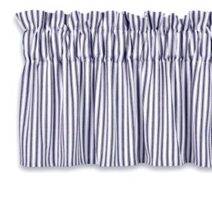 cackleberry home navy blue and white ticking stripe valance curtain woven cotton lined 54 inches w x 17 inches l