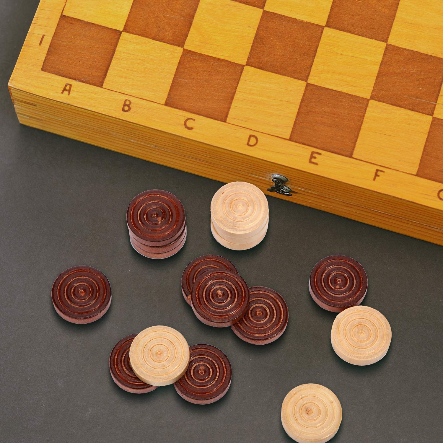 48 Pieces Wooden Checkers 1.06 Inch Wooden Checkers Pieces with Stackable Ridge in Drawstring Storage Pouch Red Black Dark Brown Wood Color (Dark Brown, Natural Color)