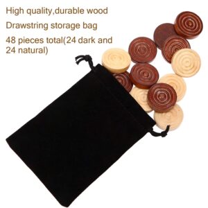 48 Pieces Wooden Checkers 1.06 Inch Wooden Checkers Pieces with Stackable Ridge in Drawstring Storage Pouch Red Black Dark Brown Wood Color (Dark Brown, Natural Color)