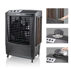 honeywell 2100 cfm outdoor portable evaporative cooler & fan for patio area, deck, backyard, garage, cools up to 850 sq. ft. with 3 speeds and 36 ft. air throw for large outdoor spaces, black