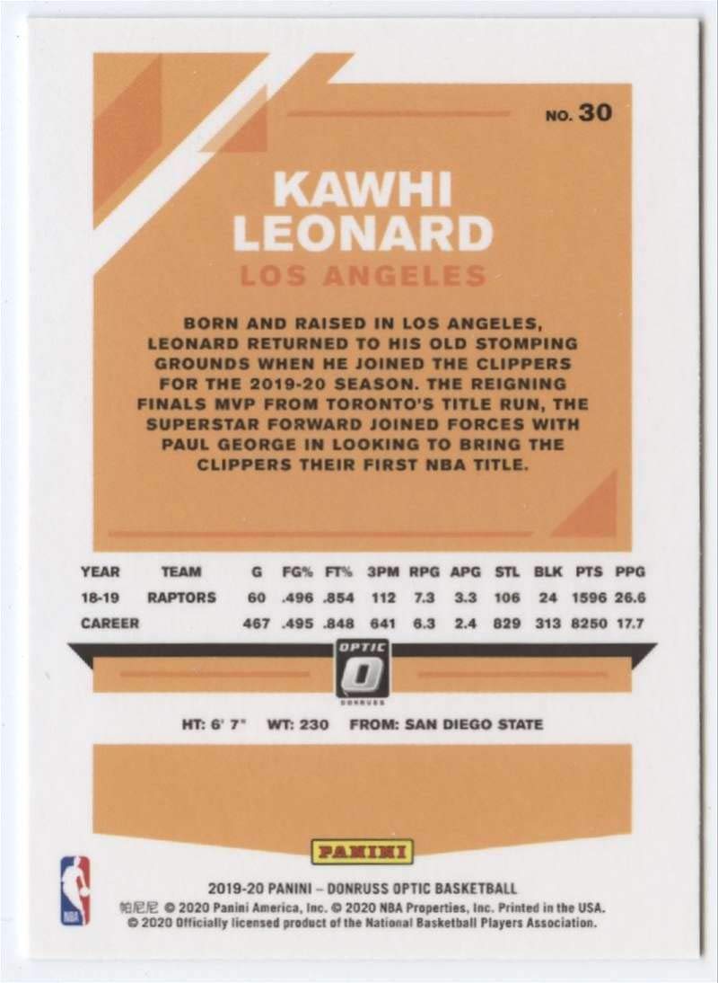 2019-20 Donruss Optic #30 Kawhi Leonard Los Angeles Clippers Basketball Card