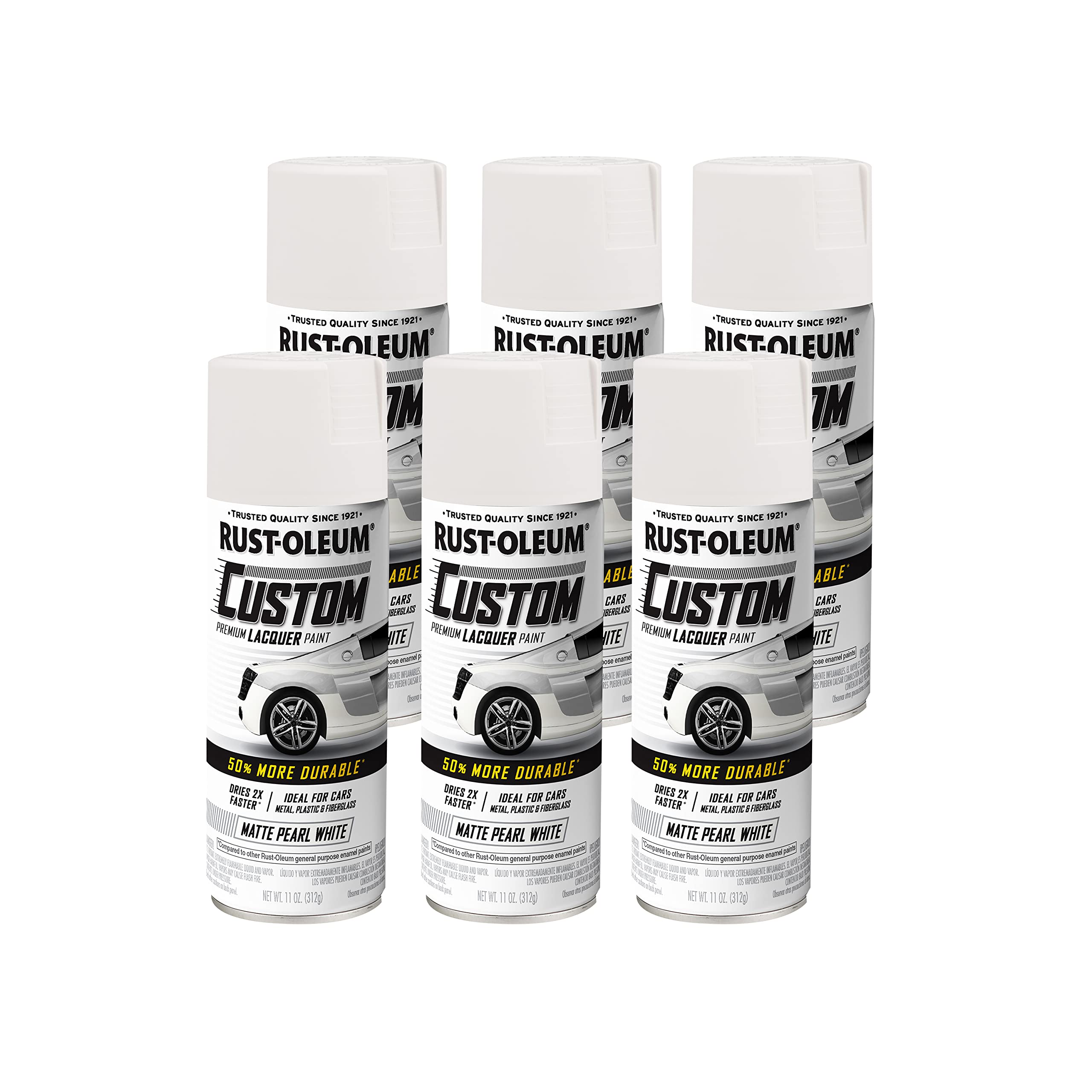 Rust-Oleum 352721-6PK Automotive Custom Lacquer Spray Paint, 11 oz, Matte Pearl White, 6 Pack