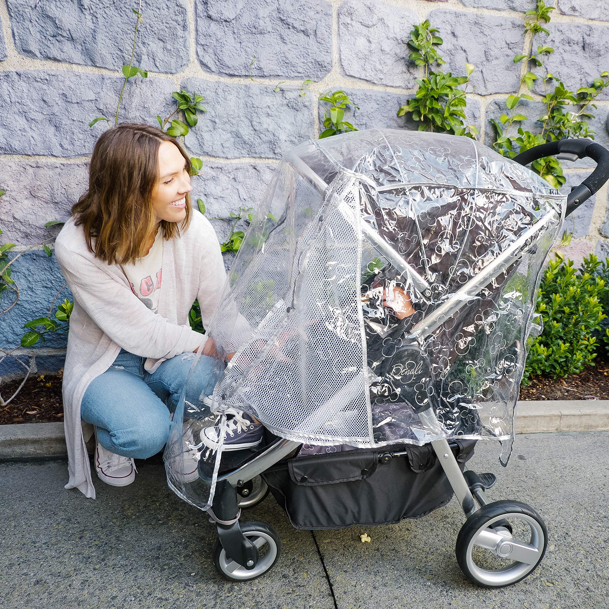 Disney Baby by J.L. Childress Universal Stroller Rain Cover - Disney Stroller Accessory - Disney World Travel Essential - Mickey Mouse Pattern - Storage Pocket - Clear/Silver