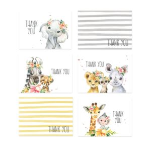 canopy street boho safari animal baby shower thank you/new baby appreciation card set / 24 jungle animals gratitude cards / 6 baby animal thanks designs 3 1/2" x 4 7/8" note card pack