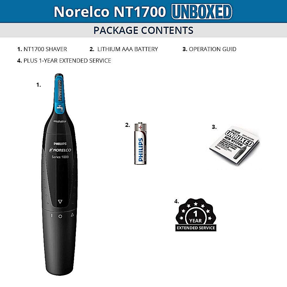 Philips Norelco Series 1000 Nosetrimmer NT1700 for Nose, Ear and Eyebrow Hair Trimming with ProtecTube Technology & Ultra Precise and Sharp Cutting Slots - (Unboxed)