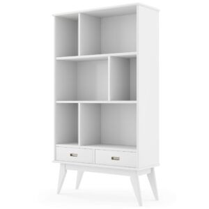 simplihome draper solid hardwood 35 inch mid century modern wide bookcase and storage unit in white, for the living room, study room and office
