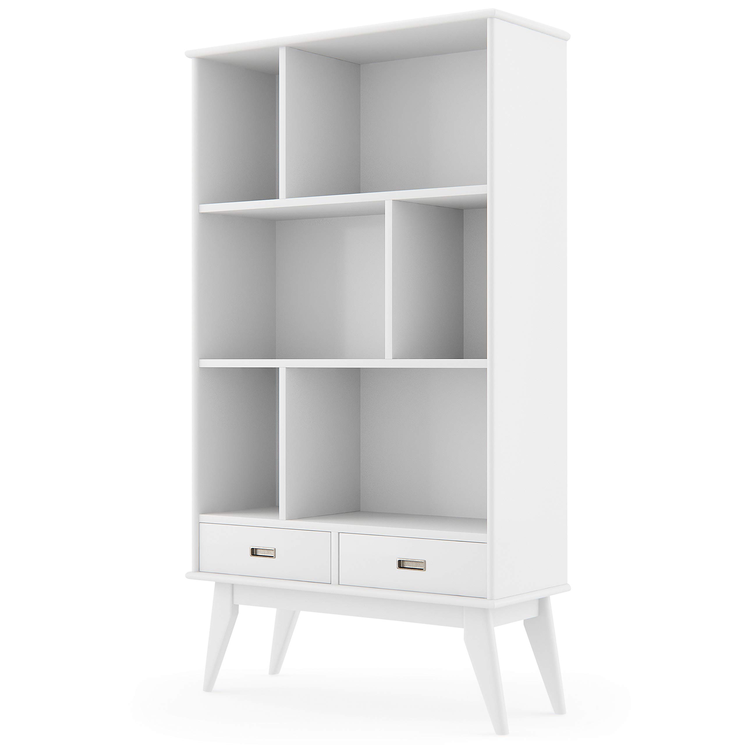 SIMPLIHOME Draper SOLID HARDWOOD 35 Inch Mid Century Modern Wide Bookcase and Storage Unit in White, For the Living Room, Study Room and Office