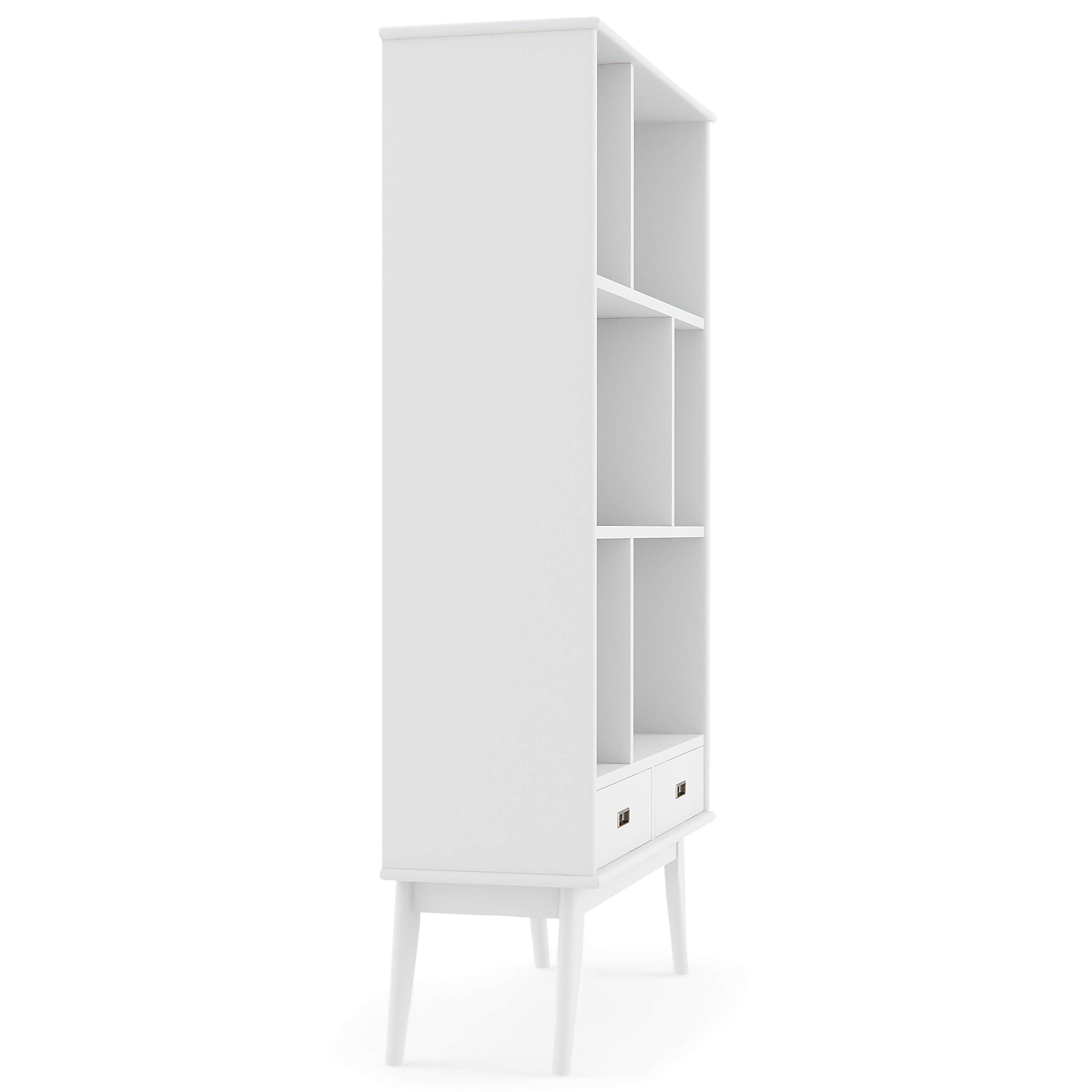 SIMPLIHOME Draper SOLID HARDWOOD 35 Inch Mid Century Modern Wide Bookcase and Storage Unit in White, For the Living Room, Study Room and Office