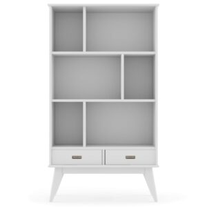 SIMPLIHOME Draper SOLID HARDWOOD 35 Inch Mid Century Modern Wide Bookcase and Storage Unit in White, For the Living Room, Study Room and Office