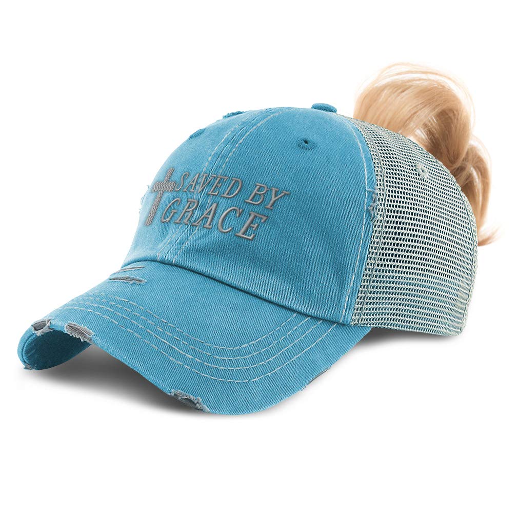 Womens Ponytail Cap Saved by Grace Jesus Christian Embroidery Cotton Distressed Trucker Hats Strap Closure Turquoise Design Only