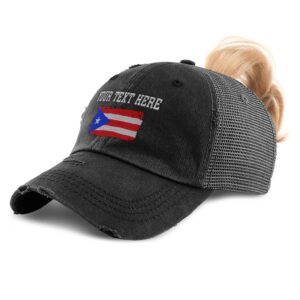 Custom Womens Ponytail Cap Puerto Rico Flag Embroidery Cotton Distressed Trucker Hats Strap Closure Black Personalized Text Here