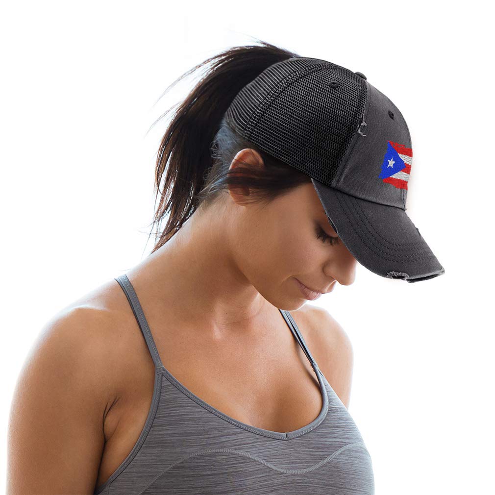 Custom Womens Ponytail Cap Puerto Rico Flag Embroidery Cotton Distressed Trucker Hats Strap Closure Black Personalized Text Here