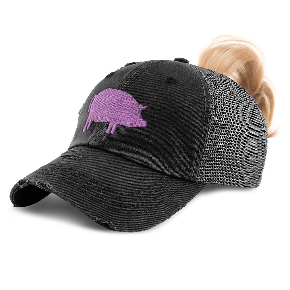 Womens Ponytail Cap Pink Pig B Embroidery Cotton Messy Bun Distressed Trucker Hats Strap Closure Black Design Only