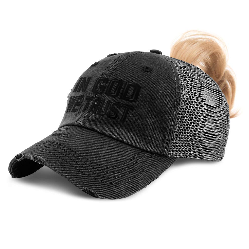 Womens Ponytail Cap in God We Trust B Embroidery Cotton Distressed Trucker Hats Strap Closure Black Design Only