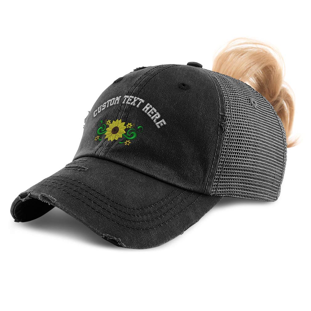 Custom Womens Ponytail Cap Plant Nature Sunflower Border Embroidery Cotton Messy Bun Distressed Trucker Hats Strap Closure Black Personalized Text Here