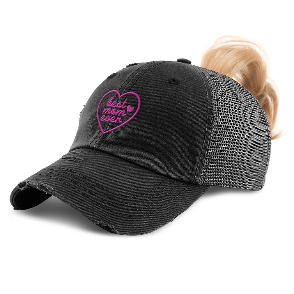 Womens Ponytail Cap Best Mom Ever Heart Pink Embroidery Cotton Messy Bun Distressed Trucker Hats Strap Closure Black Design Only