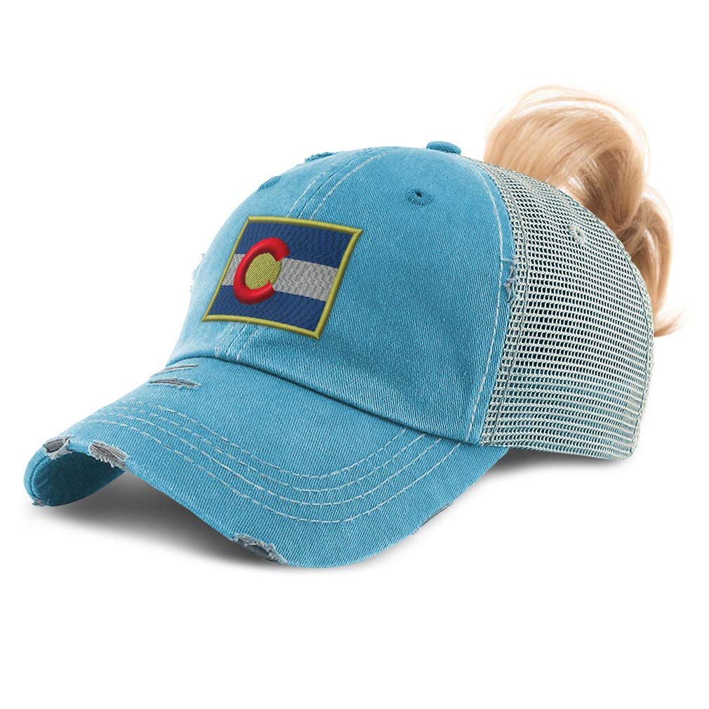 Speedy Pros Womens Ponytail Cap Colorado Flag State Embroidery Cotton Messy Bun Distressed Trucker Hats Strap Closure Turquoise Design Only