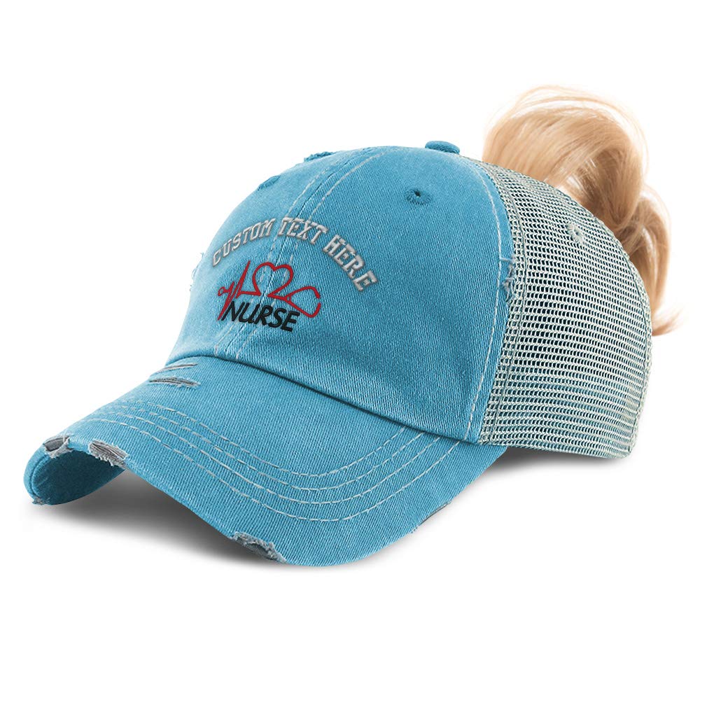 Custom Womens Ponytail Cap Nurse Stethoscope Lifeline Embroidery Cotton Messy Bun Distressed Trucker Hats Strap Closure Turquoise Personalized Text Here