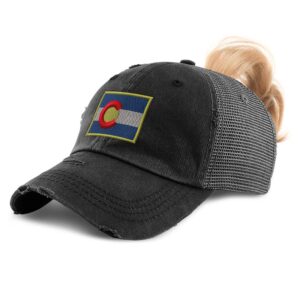 Speedy Pros Womens Ponytail Cap Colorado Flag State Embroidery Cotton Messy Bun Distressed Trucker Hats Strap Closure Black Design Only