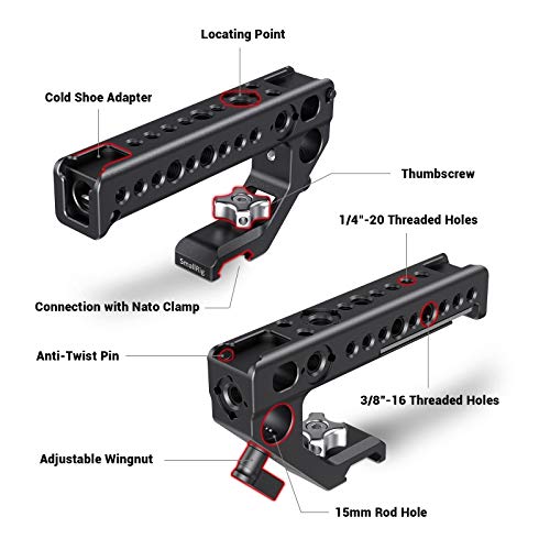 SMALLRIG Top Handle Grip for NATO Rail Standard with Locating Hole, Anti-Off Designed Cold Shoe Mounts,15mm Rod Clamp for DSLR Camera, Camera Cage - HTN2439