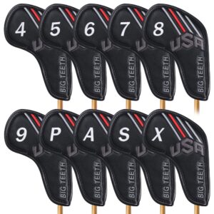 big teeth golf iron covers 10pcs long neck iron head covers, usa golf head covers black iron covers, golf club covers with number golf club head covers fit taylormade m2 callaway rogue x ping g710