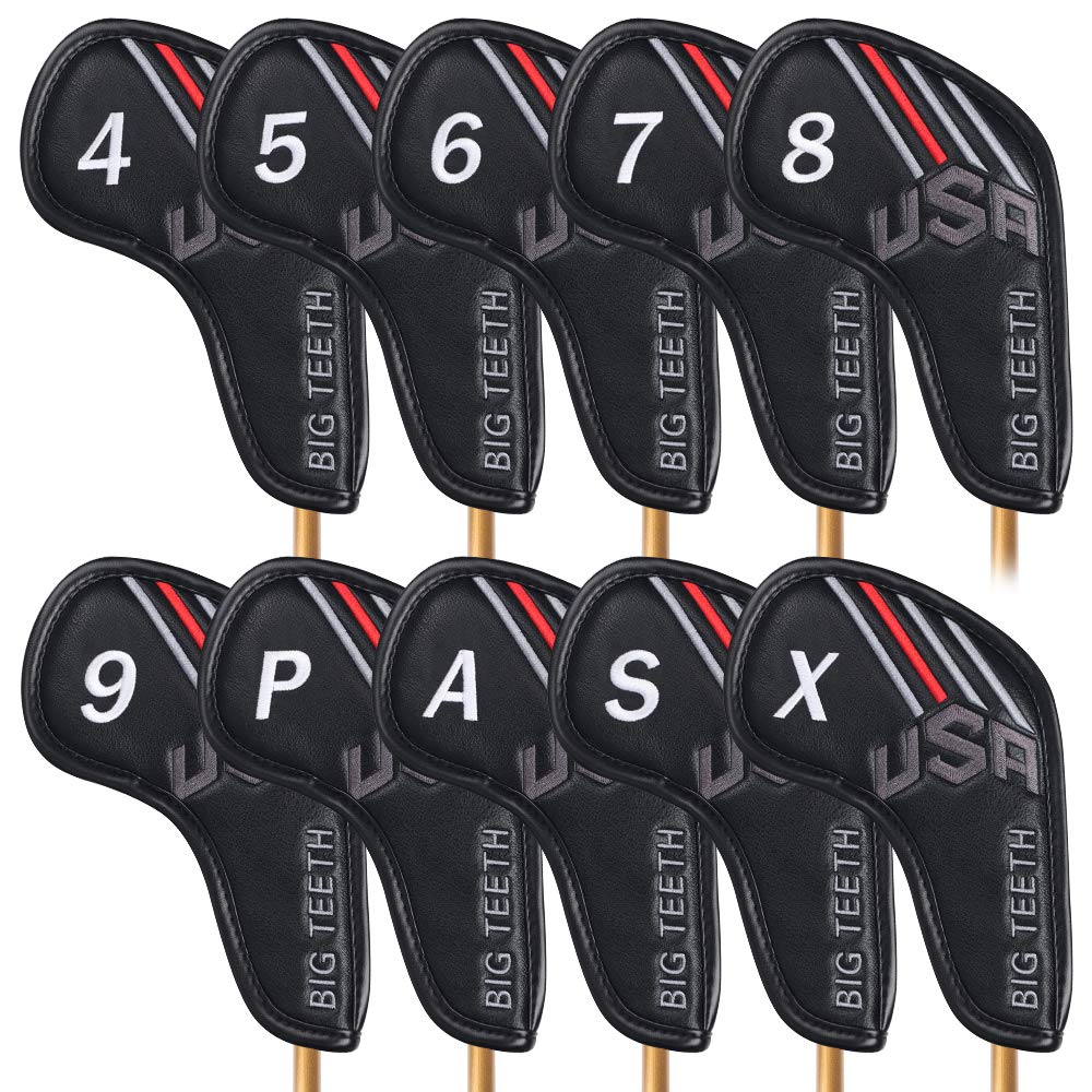 Big Teeth Golf Iron Covers 10Pcs Long Neck Iron Head Covers, USA Golf Head Covers Black Iron Covers, Golf Club Covers with Number Golf Club Head Covers Fit Taylormade M2 Callaway Rogue X Ping G710